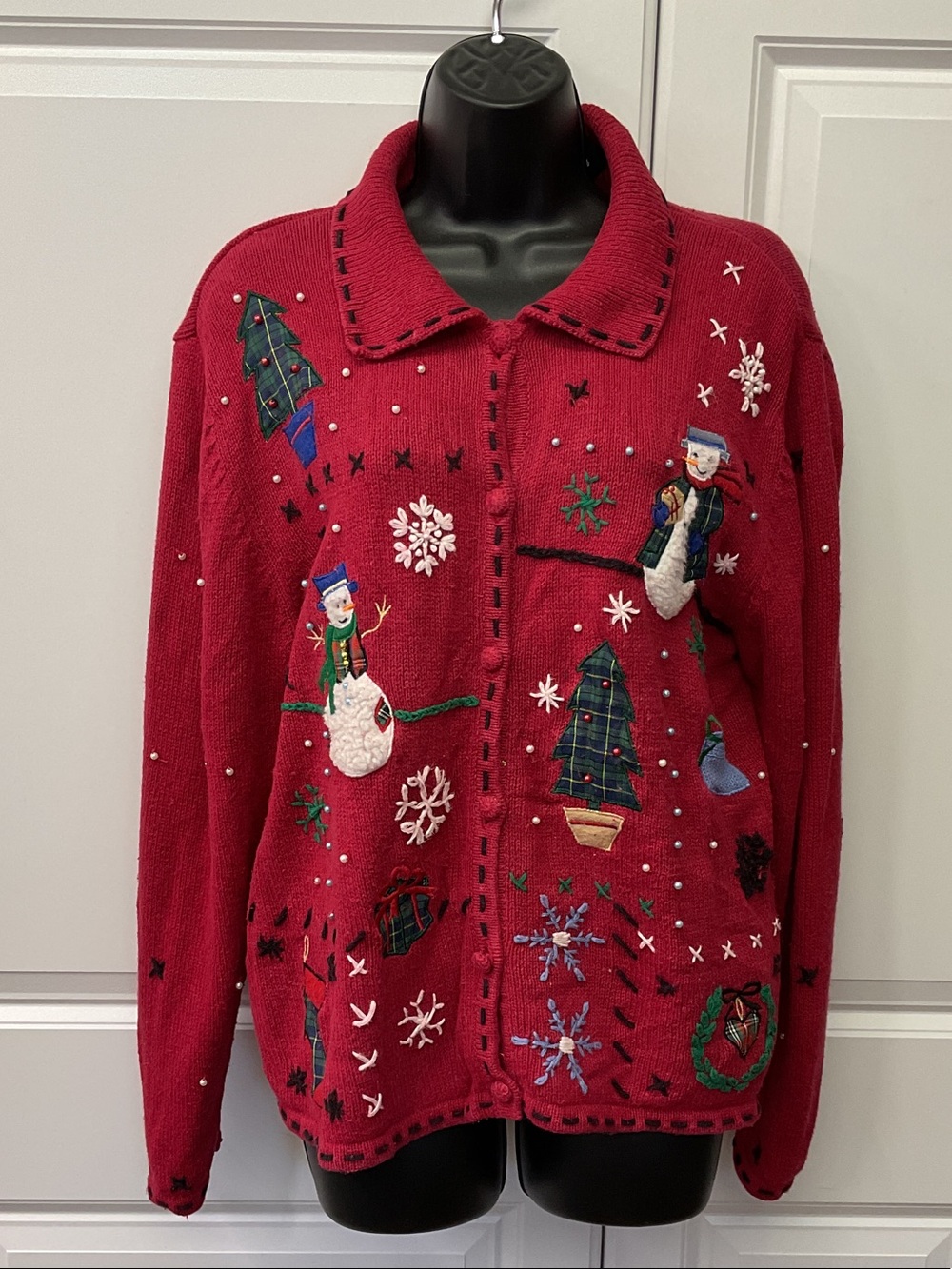 Erika Red Holiday Embroidered Snowman and Tree Cardigan Size M